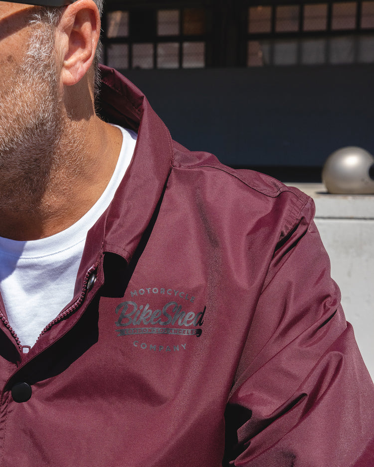 Dan wearing our BSMC Company Coach Jacket - Burgundy 