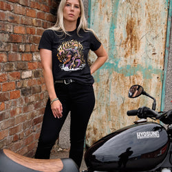 Brogan wearing our BSMC Women's Speed Demon T-Shirt - Washed Black