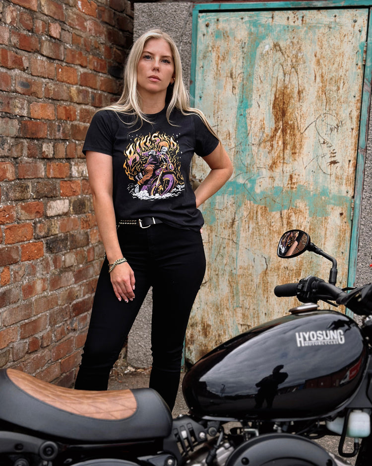 Brogan wearing our BSMC Women's Speed Demon T-Shirt - Washed Black