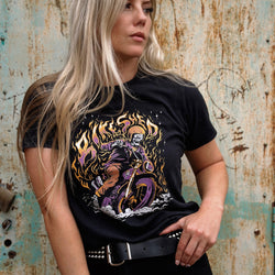 Brogan wearing our BSMC Women's Speed Demon T-Shirt - Washed Black