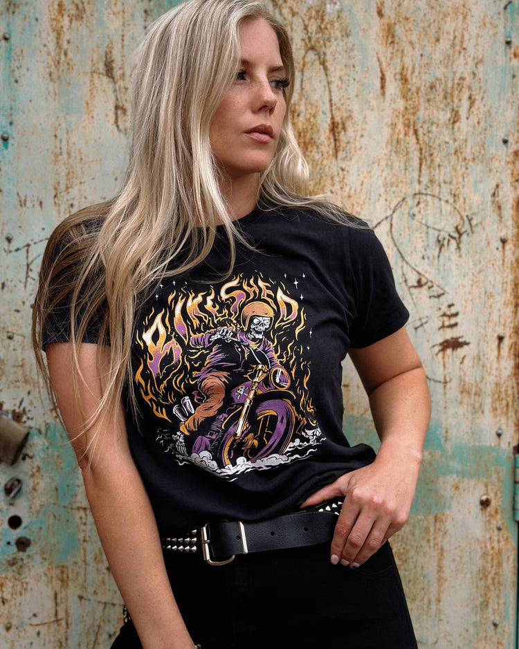 Brogan wearing our BSMC Women's Speed Demon T-Shirt - Washed Black