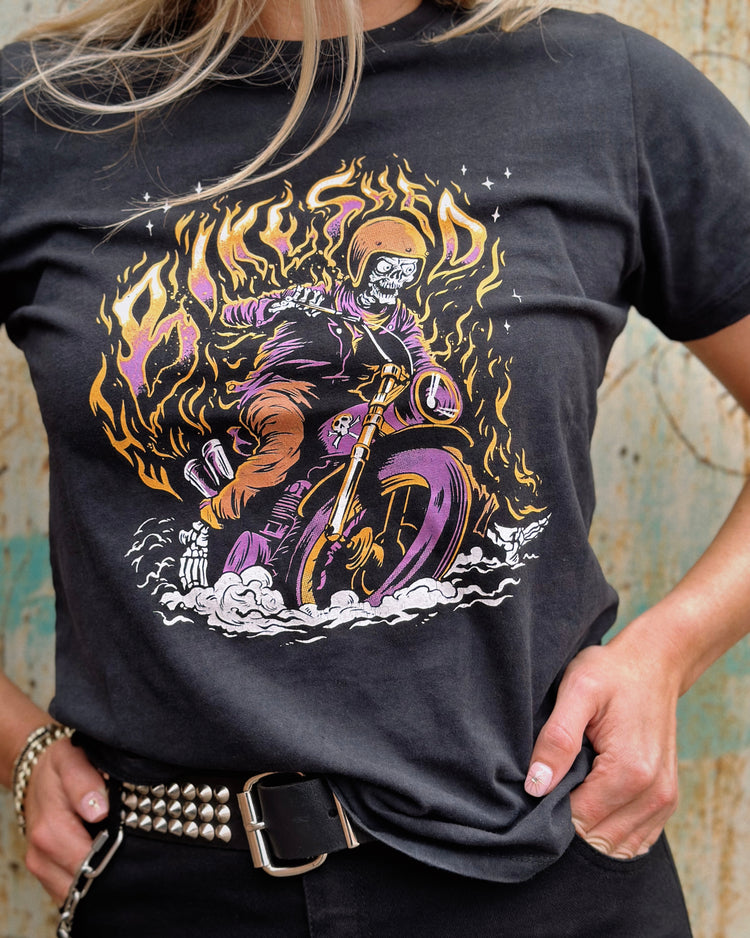 Brogan wearing our BSMC Women's Speed Demon T-Shirt - Washed Black