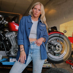 Brogan wearing our BSMC Chain Chore Jacket - Blue