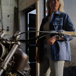 Brogan wearing our BSMC Chain Chore Jacket - Blue