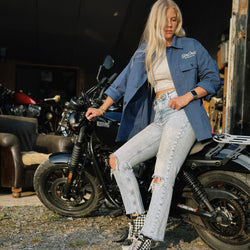 Brogan wearing our BSMC Chain Chore Jacket - Blue