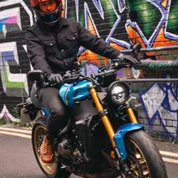 Gareth wearing our BSMC Denim Jacket - Cordura Black on a Yamaha XSR