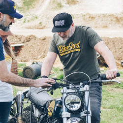 Dan inspecting his Yamaha wearing our BSMC Classic T-Shirt - Green