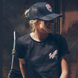 Lori wearing our BSMC Dead Dakar Doug T Shirt - Black & Dead Dakar Doug Cap - Black