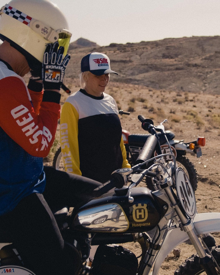 Mel wearing our BSMC DT Race Jersey - Yellow, White & Black out in the desert