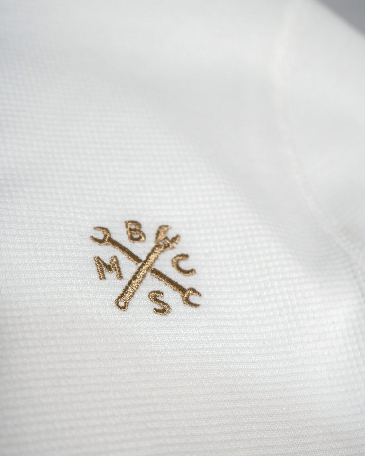 BSMC Embroidered Club Waffle - Ecru, gold logo close up