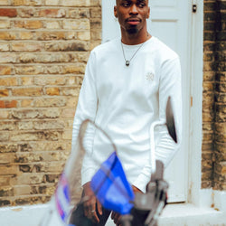 Model wearing our BSMC Embroidered Club Waffle - Ecru
