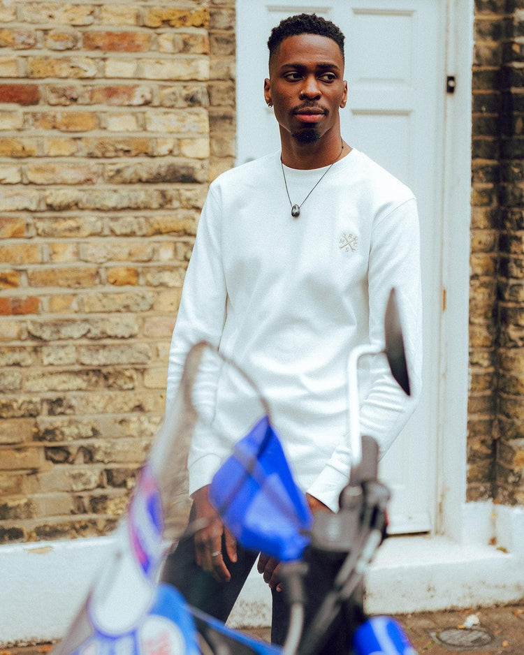 Model wearing our BSMC Embroidered Club Waffle - Ecru