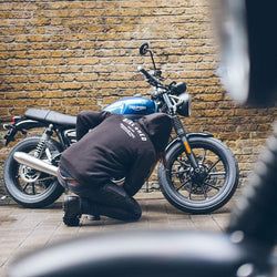 Dan inspecting his Triumph wearing our BSMC ESTD. Hoodie - Black