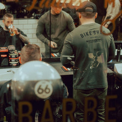 Isaac wearing our BSMC Estd. LS220P - Khaki in our barbershop
