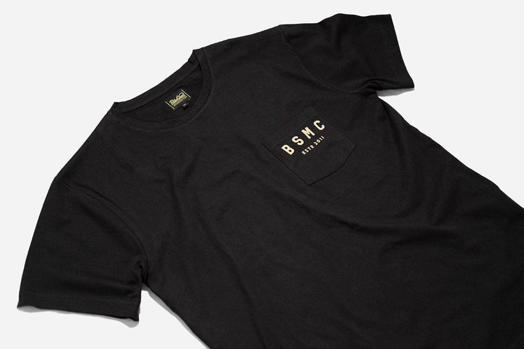 BSMC ESTD. Pocket T Shirt - Black & Gold, front close up