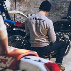Harry in the workshop wearing our BSMC ESTD. Sweatshirt - Grey Marl