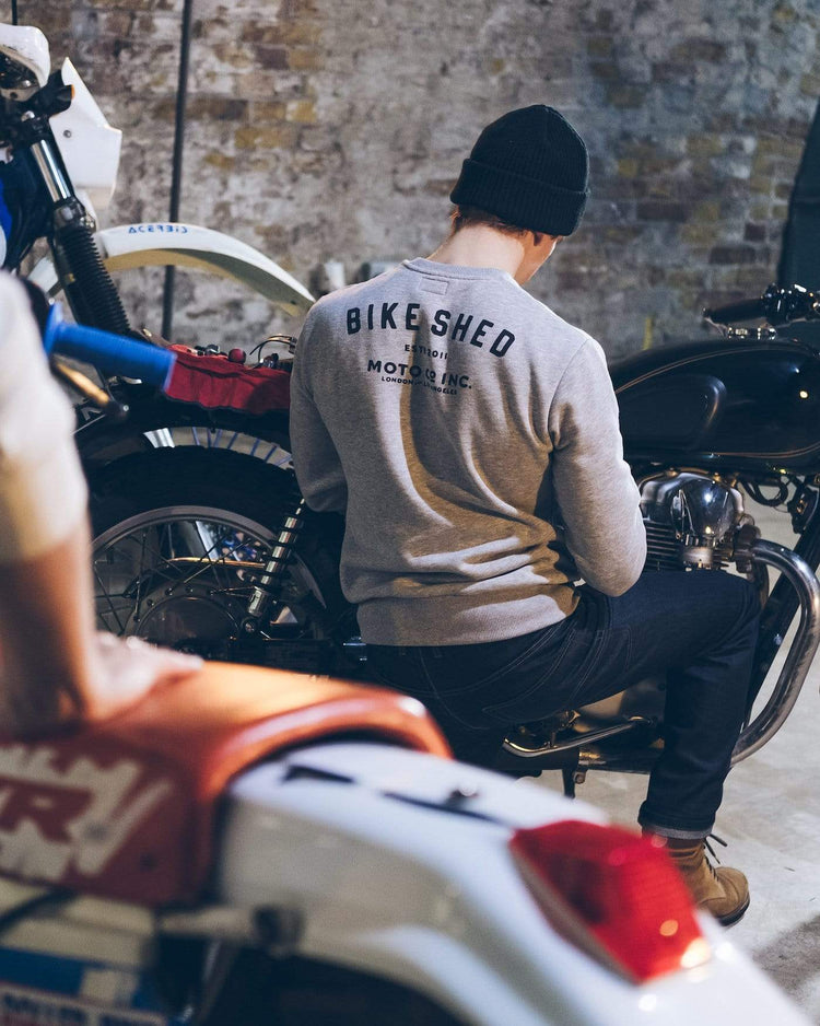 Harry in the workshop wearing our BSMC ESTD. Sweatshirt - Grey Marl