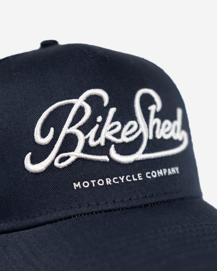 BSMC Garage Cap - Navy/White, logo close up