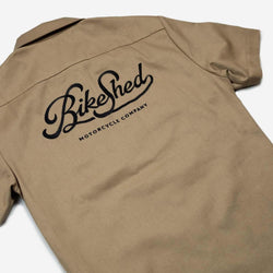 BSMC Garage Shirt - Tan & Black, back print close up