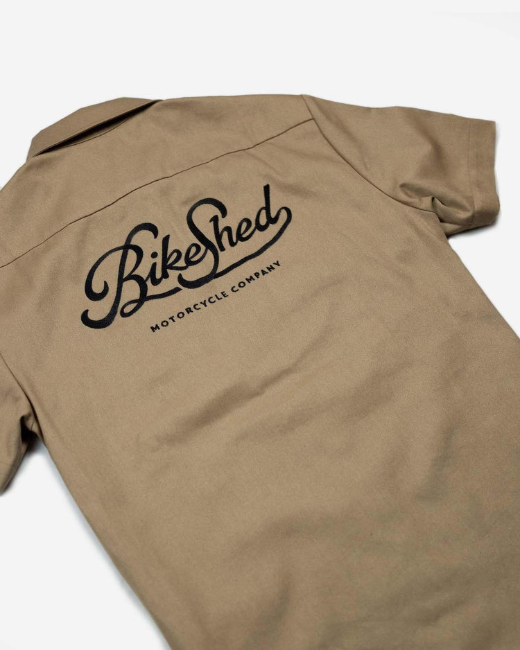 BSMC Garage Shirt - Tan & Black, back print close up