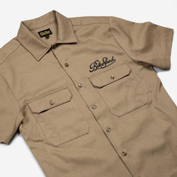 BSMC Garage Shirt - Tan & Black, side on close up