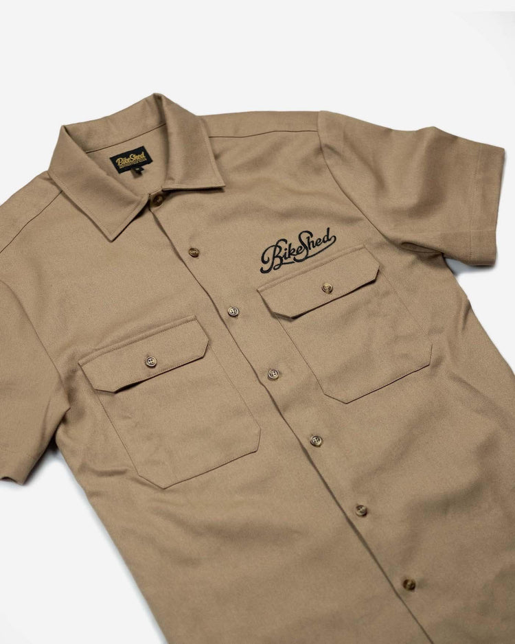 BSMC Garage Shirt - Tan & Black, side on close up