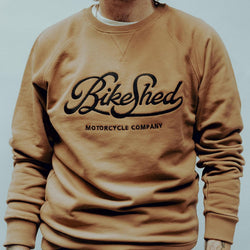 James wearing our BSMC Garage Sweat - Tan/Black