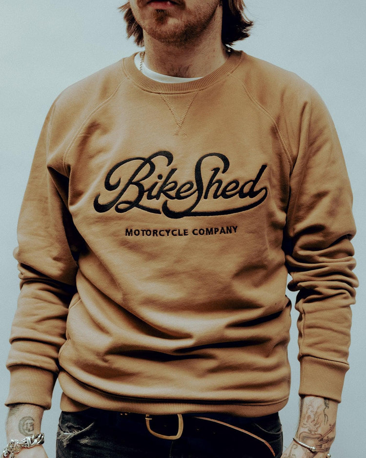 James wearing our BSMC Garage Sweat - Tan/Black