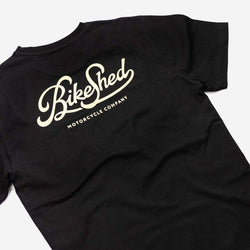 BSMC Garage T Shirt - Black & Gold, side on close up