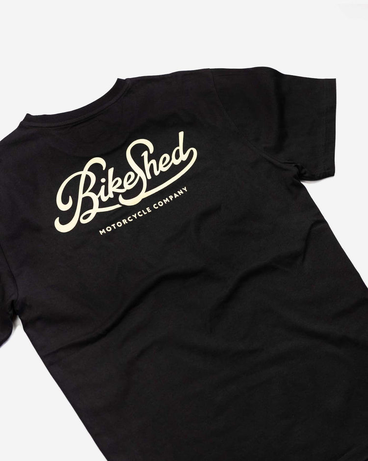 BSMC Garage T Shirt - Black & Gold, side on close up