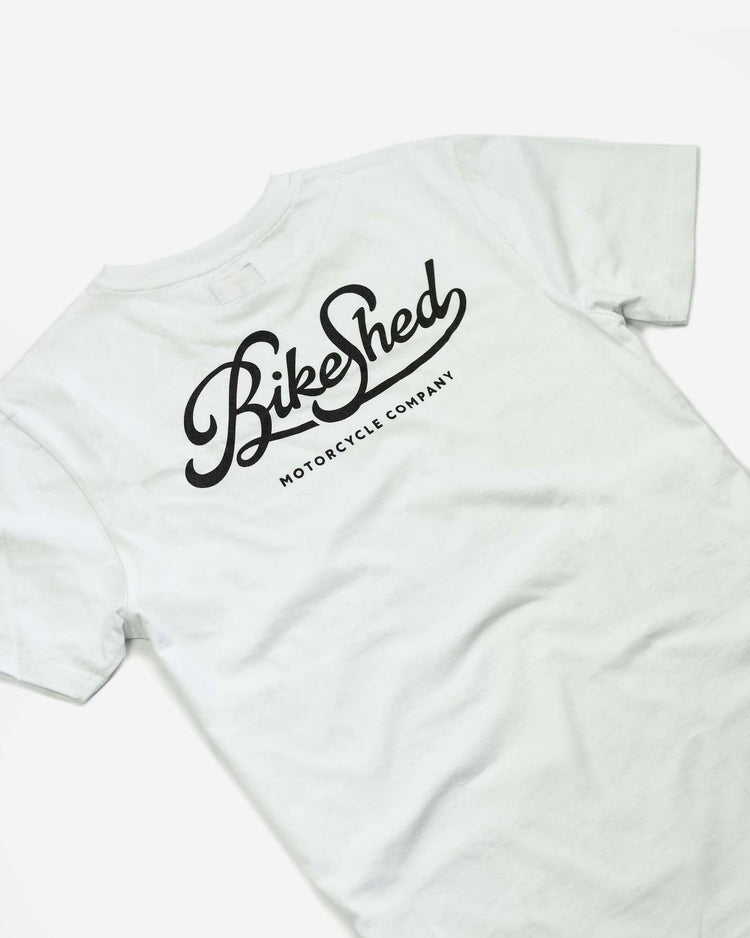 BSMC Garage T Shirt - White & Black, back print close up