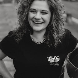 Anna wearing our BSMC Handmade T Shirt - Black & White
