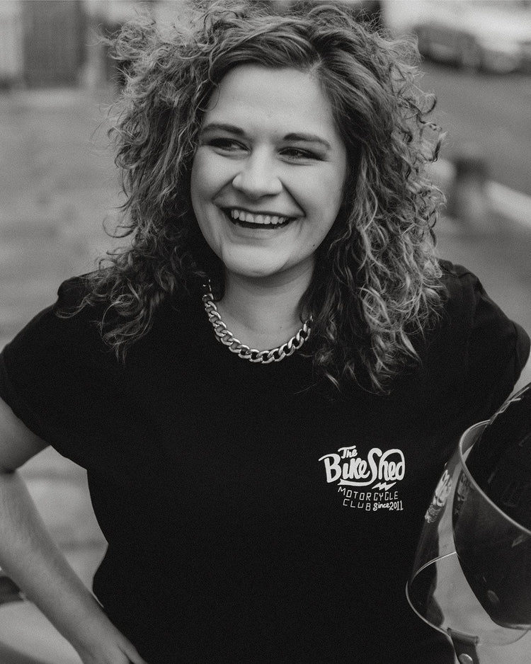 Anna wearing our BSMC Handmade T Shirt - Black & White