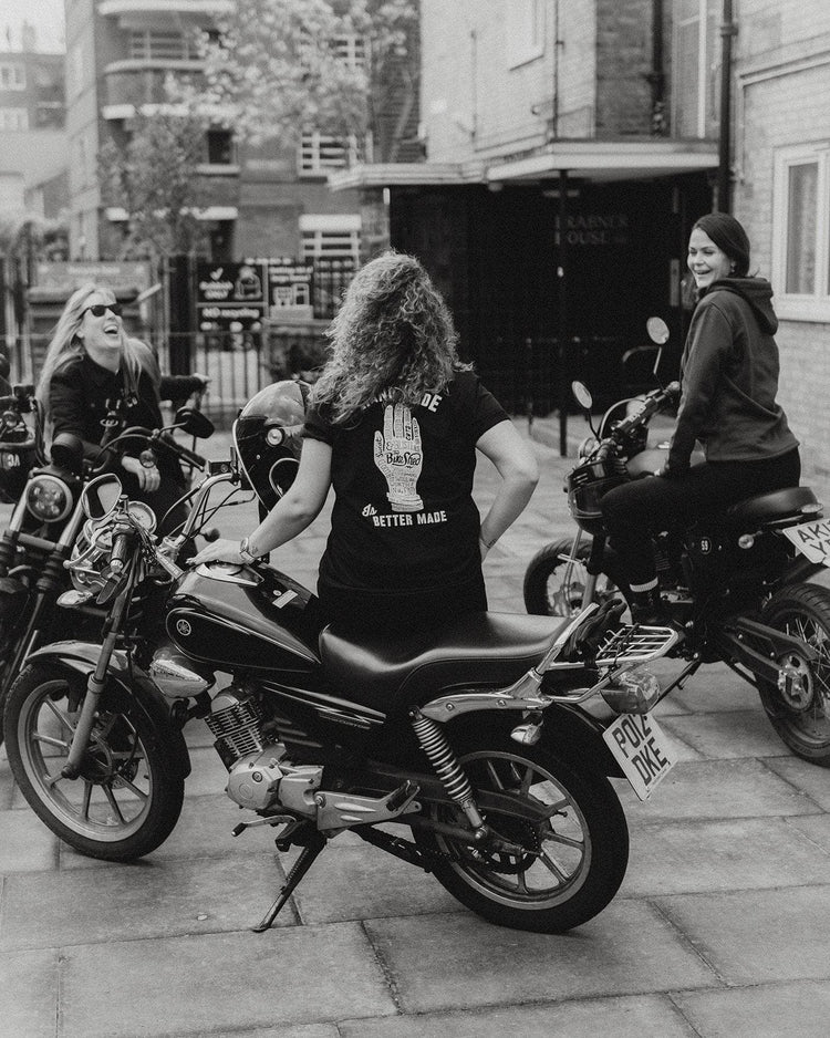 Anna chatting while wearing our BSMC Handmade T Shirt - Black & White