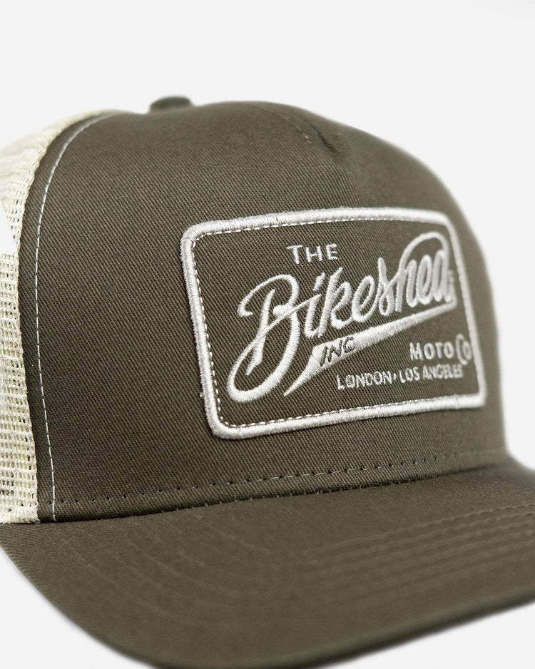 BSMC Inc. Cap - Khaki & Cream, logo close up
