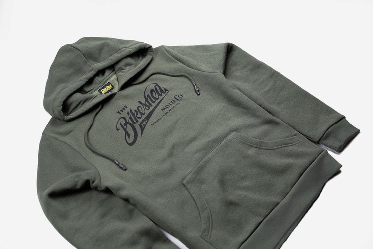 BSMC Inc. Overhead Hoodie - Khaki Green, side on close up