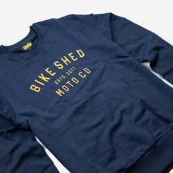 BSMC Moto Co. Sweat - Navy/Mustard, side on close up