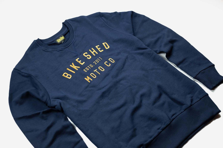 BSMC Moto Co. Sweat - Navy/Mustard, side on close up