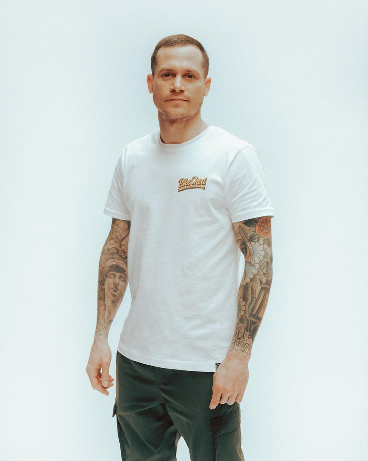 Luca modelling our BSMC Mural T Shirt - White