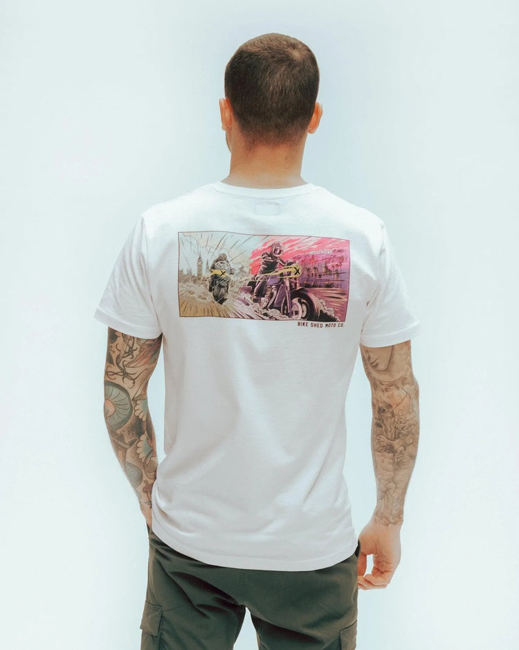 Luca modelling our BSMC Mural T Shirt - White