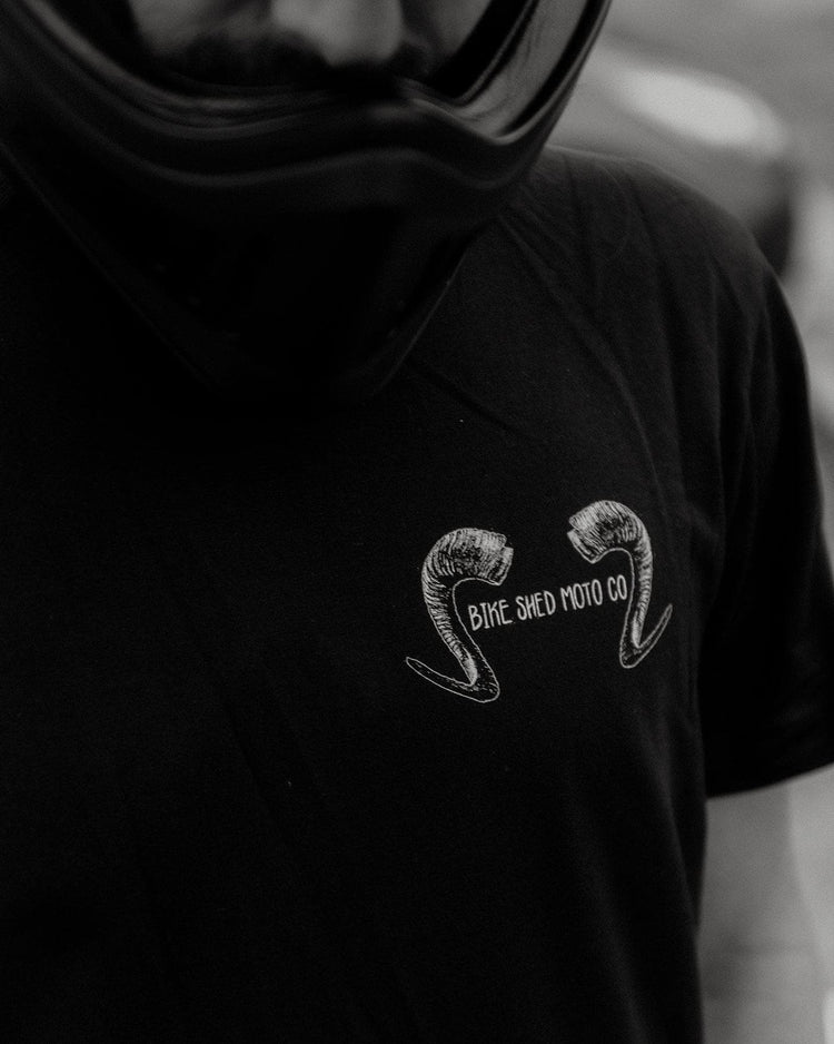 Dan wearing our BSMC Pan T-Shirt, logo close up