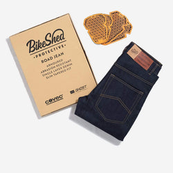 BSMC Protective - Road Jean - Raw Indigo, folded with packaging and armour