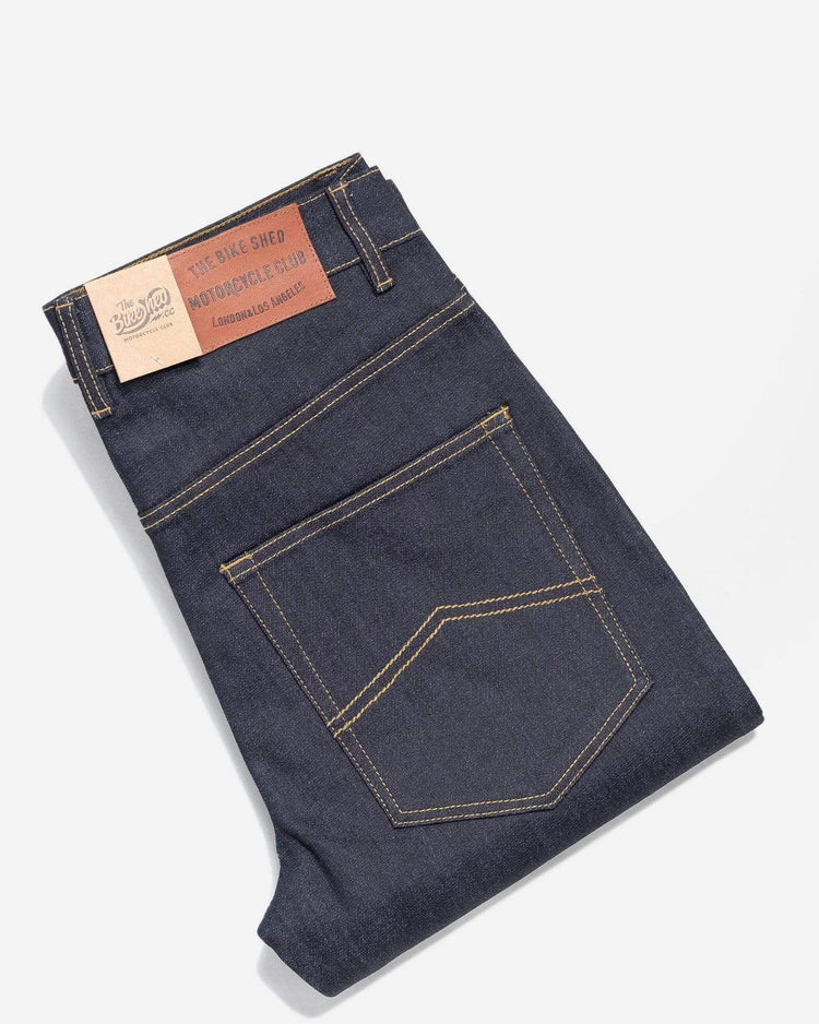 BSMC Resistant - BSR01 Jean - Raw Indigo, folded showing rear pocket