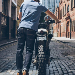 Model pushing his Honda wearing our BSMC Resistant - BSR01 Jean - Raw Indigo