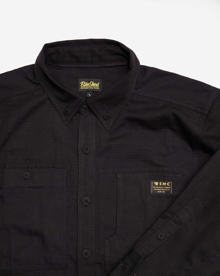 BSMC Ripstop Utility Shirt MKII - BLACK, collar and sleeve close up
