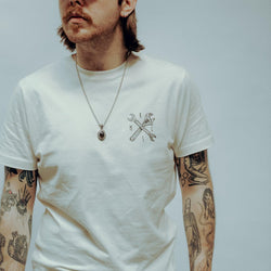 James wearing our BSMC Toolkit T Shirt - White