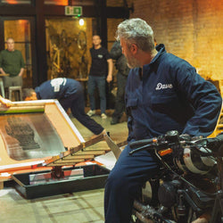 Dave pulling the screen print on BSMC x Dave Buonaguidi - Motorcycle Pulled "Handmade Is Better Made" Print