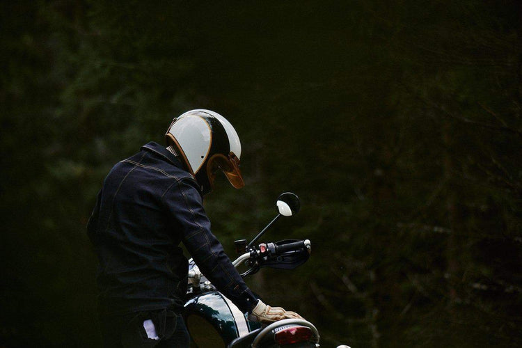 Model wearing our BSMC x Hedon Club Classic Helmet DOT in the forest