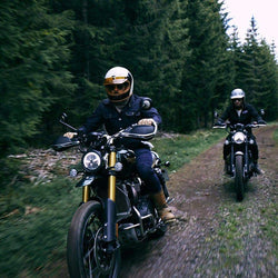 Models riding wearing ournBSMC x Hedon Club Classic Helmet DOT