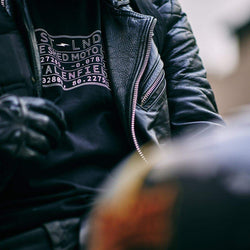 BSMC x Royal Enfield Vinplate T Shirt - Black, close up on Donny